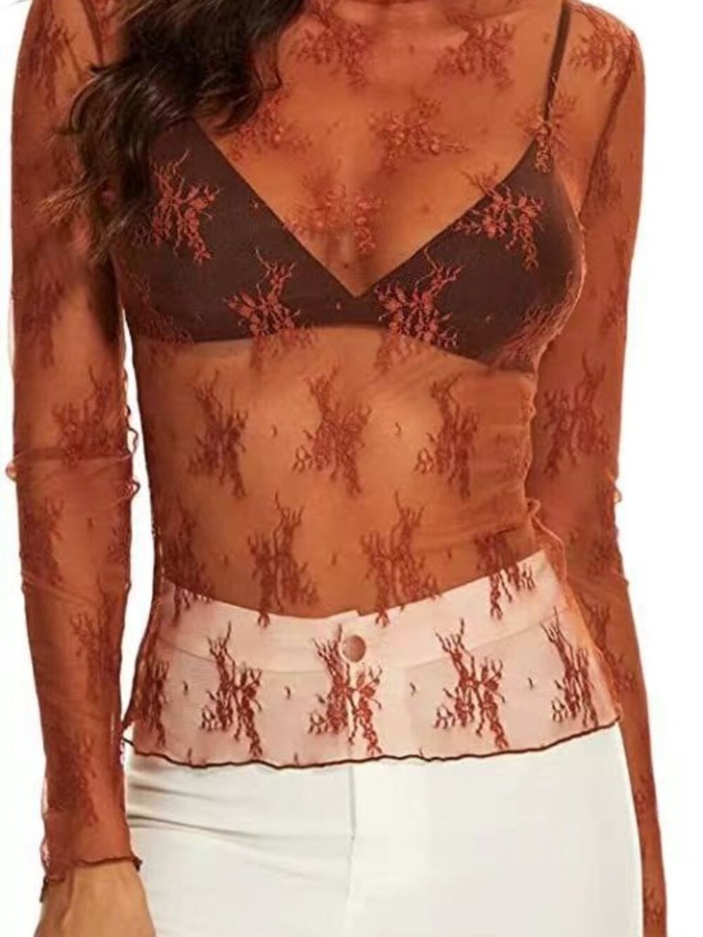 B50  Long Sleeve Mesh Top Strech FloralLayering Brown NEW